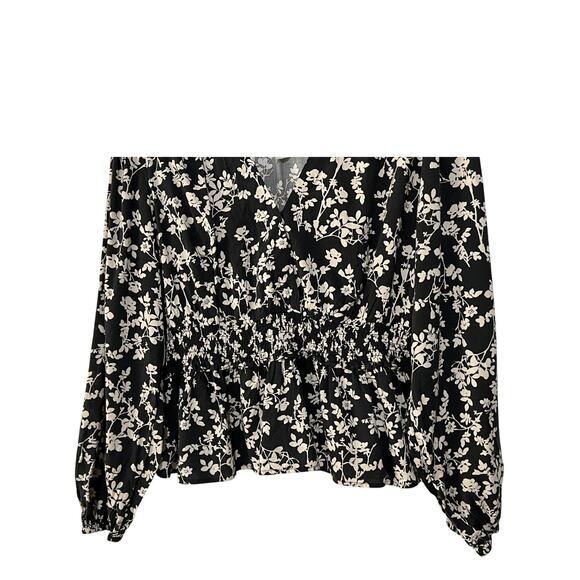 Old Navy Top Womens XLarge Tall Puff-Sleeve Black Floral Smocked Peplum Blouse - Picture 5 of 11